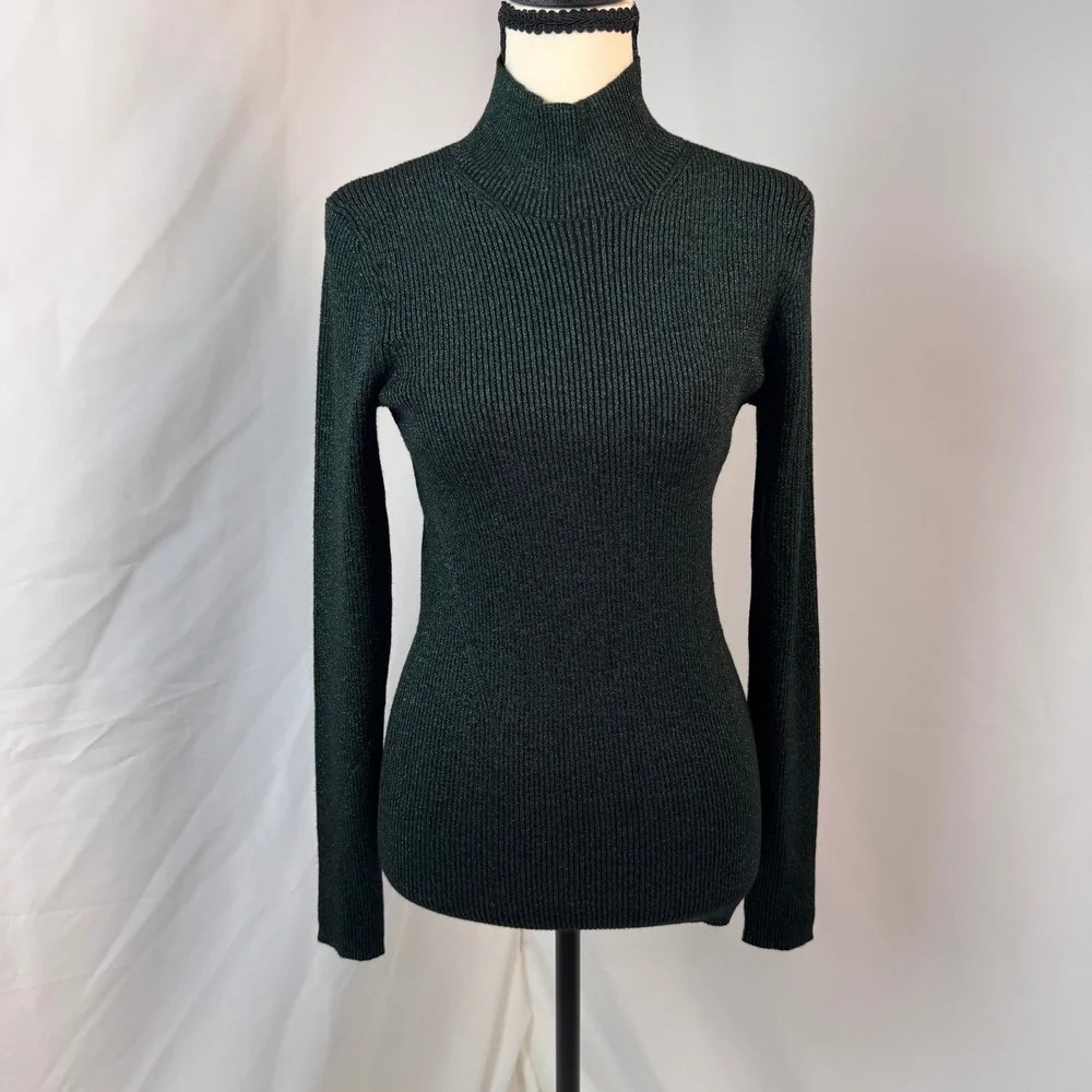 Diane von Furstenberg Tess Metallic Sweater Women S Green Mock Neck
